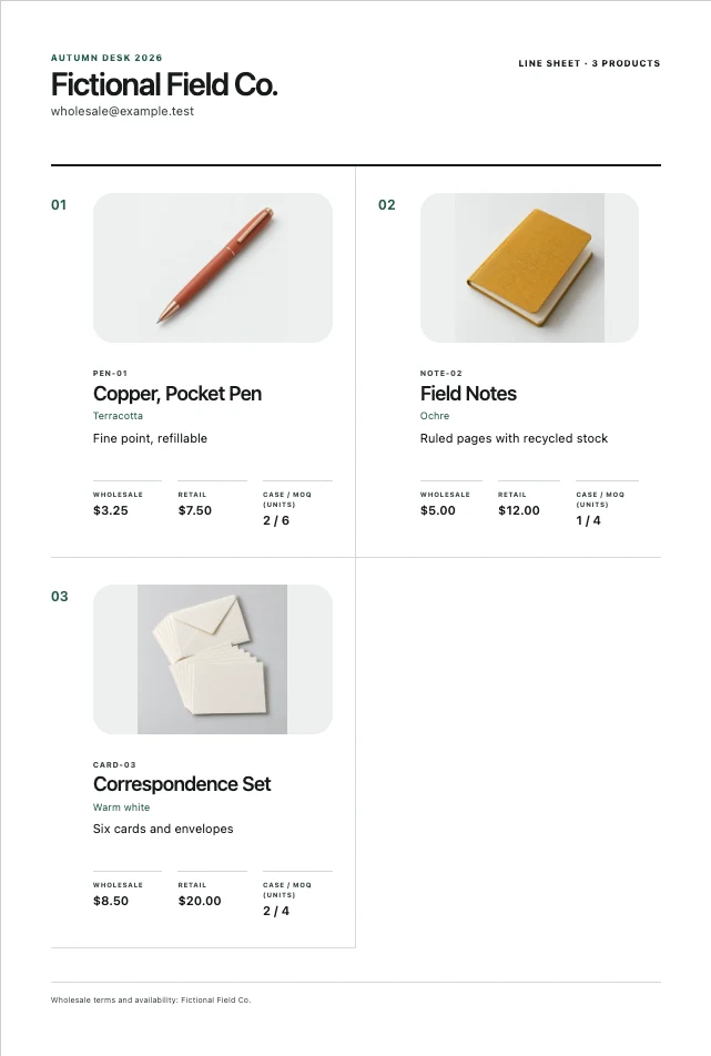 Fictional wholesale line sheet with product photos, SKUs, wholesale and retail prices