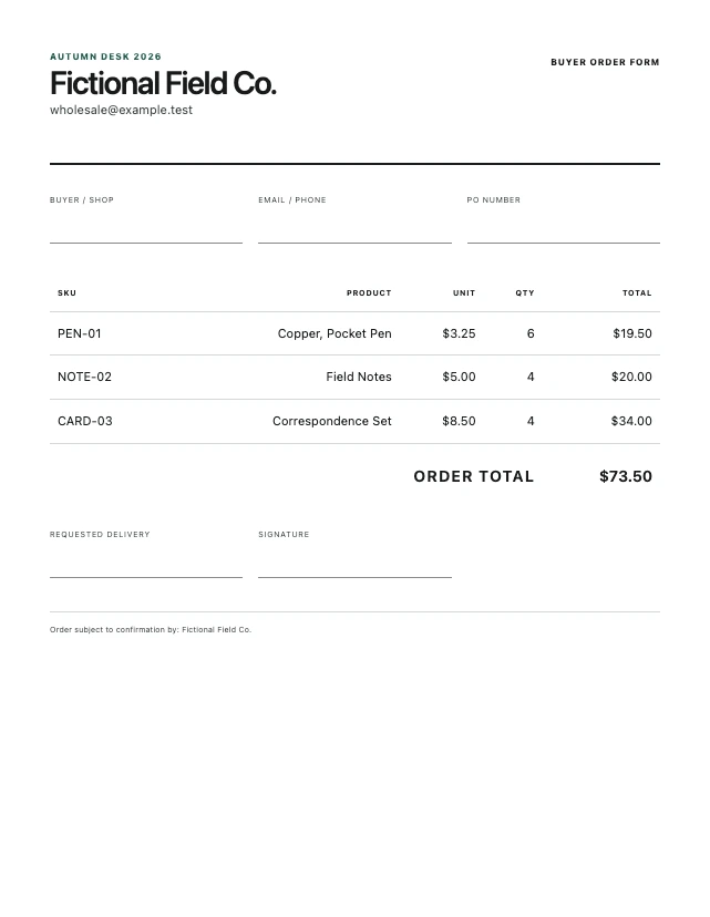 Fictional wholesale order form with buyer details, quantities and product subtotal